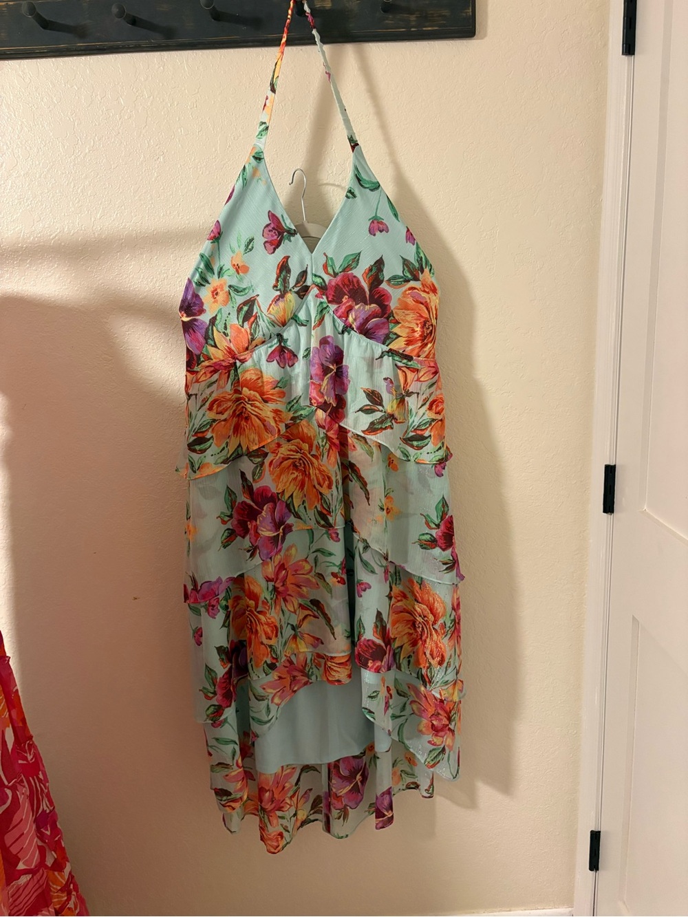 Siena Studio Floral High-Low Dress in Aqua with Orange & Purple Blooms